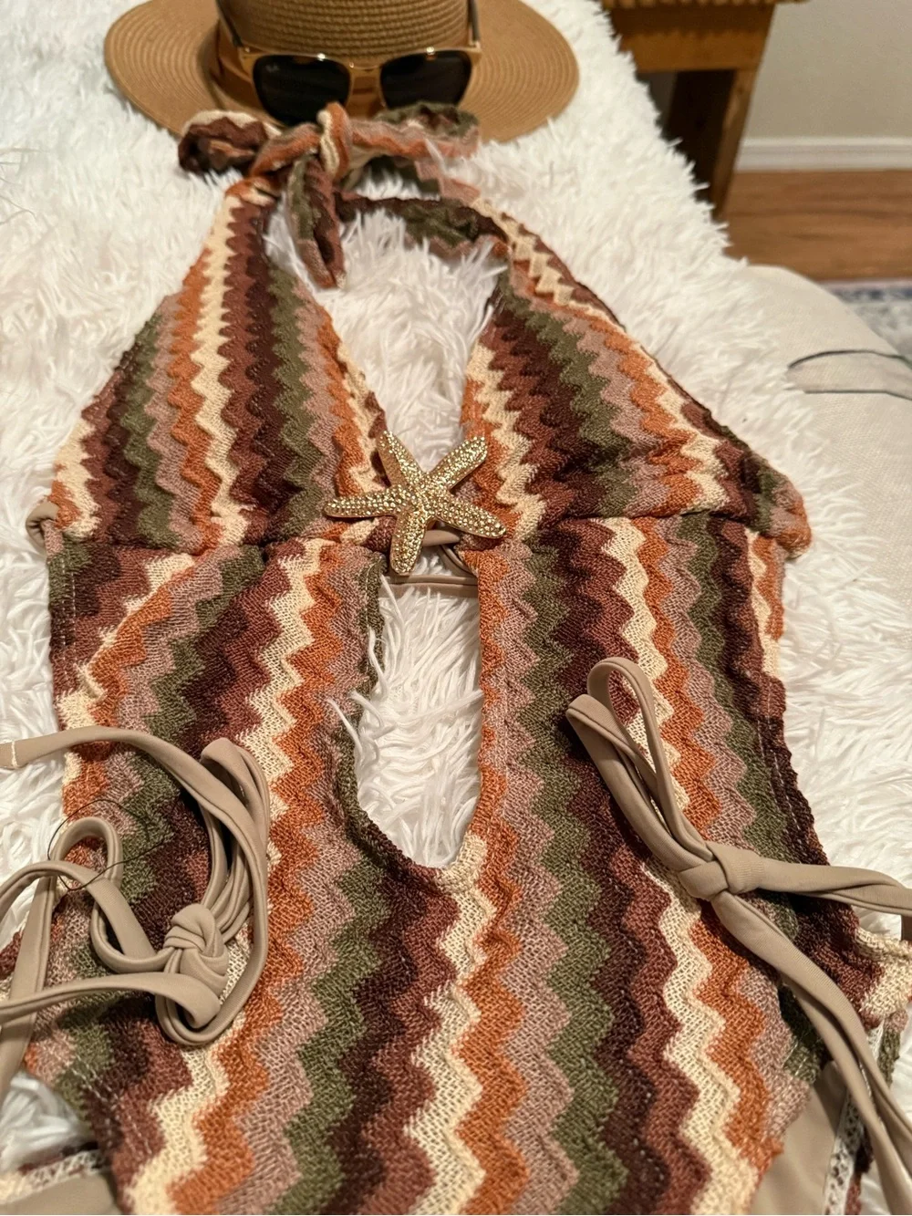 Women’s sexy  One-Piece Swimsuit in multi colors - brown, olive green & beige